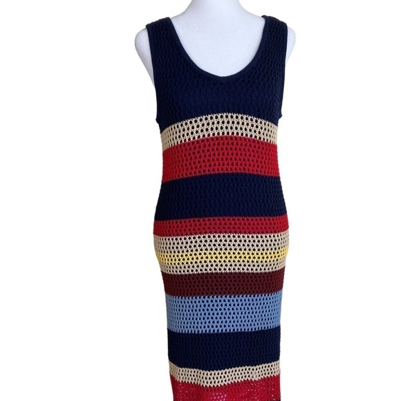 Cato Crochet Maxi Dress Retro 70s Boho Beach Dress Colorblock Striped Sz M - Picture 3 of 16